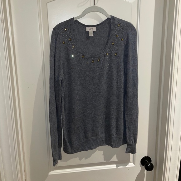LOFT Embellished Jeweled Collar Gray Sweater - Picture 2 of 8